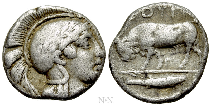 LUCANIA. Thourioi. Triobol (Circa 443-400 BC). 

Obv: Helmeted head of Athena ...