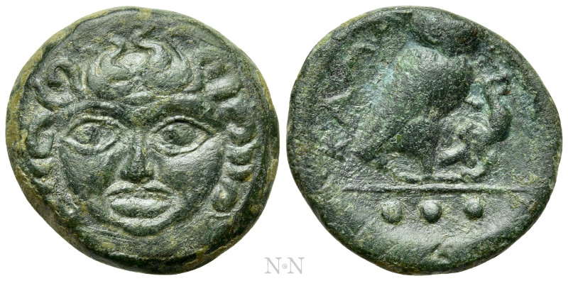SICILY. Kamarina. Ae Tetras or Trionkion (Circa 420-405 BC). 

Obv: Facing gor...