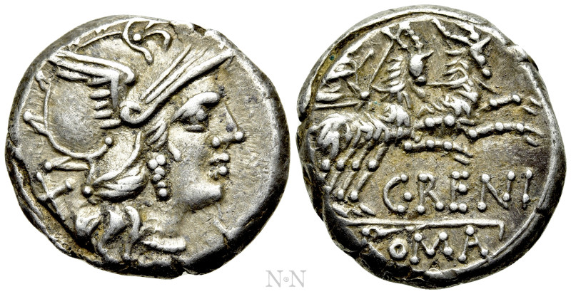 C. RENIUS. Denarius (138 BC). Rome. 

Obv: Helmeted head of Roma right, X (mar...