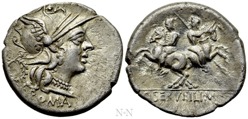C. SERVILIUS M. F. Denarius (136 BC). Rome. 

Obv: ROMA. 
Helmeted head of Ro...