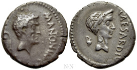 MARK ANTONY with JULIUS CAESAR. Denarius (43 BC). Military mint traveling with Antony in Cisalpine Gaul. Posthumous Caesar issue