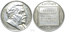 GERMANY. Weimar Republic. Due to the death of Friedrich Ebert on 28 February 1925. Silver 990 medal. August Hummel, medalist. By Lauer, Nuremberg