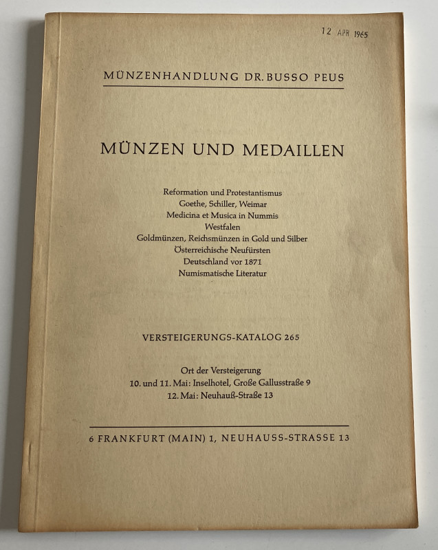 Busso. Katalog 265. Munzen und Medaillen. Frankfurt 10-11-12 Mai 1965. Softcover...