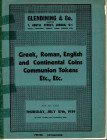 GLENDINING & CO. – London, 27 – July, 1939. Greek, Roman, english and continental coins, communion tokens. Pp. 23, lots 290. worn paperback, good cond...