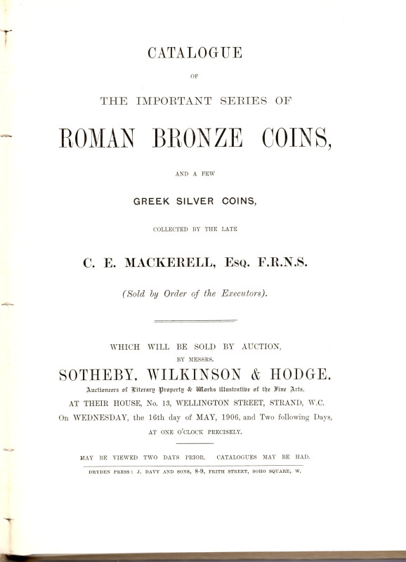 SOTHEBY - WILKINSON & HODGE. London, 16 - May, 1906. Catalogue of the important ...
