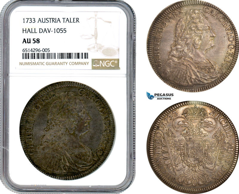 Austria, Karl VI, Taler 1733, Hall Mint, Silver, Dav-1055, Dark cabinet toning! ...