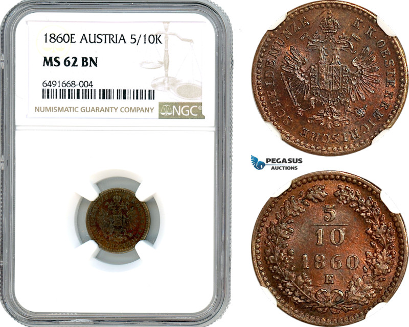 Austria, Franz Joseph, 5/10 Kreuzer 1860 E, Karlsburg Mint, KM# 2182, Rare date!...