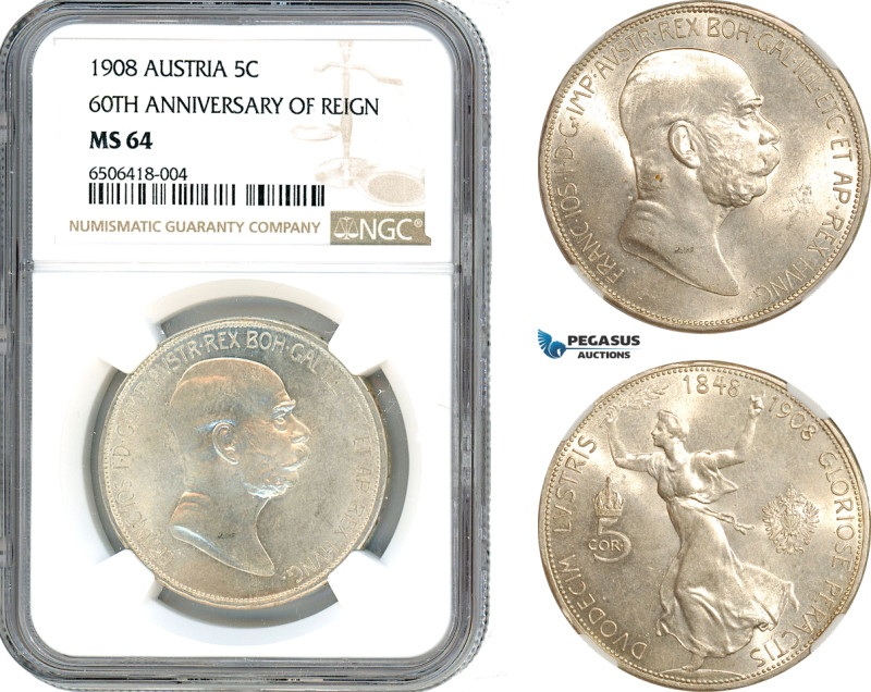 Austria, Franz Joseph, 5 Corona 1908, Vienna Mint, Silver, KM# 2809 (60th Annive...