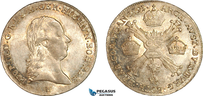 Austrian Netherlands, Leopold II, 1/2 Kronentaler 1791 H, Günzburg Mint, Silver ...