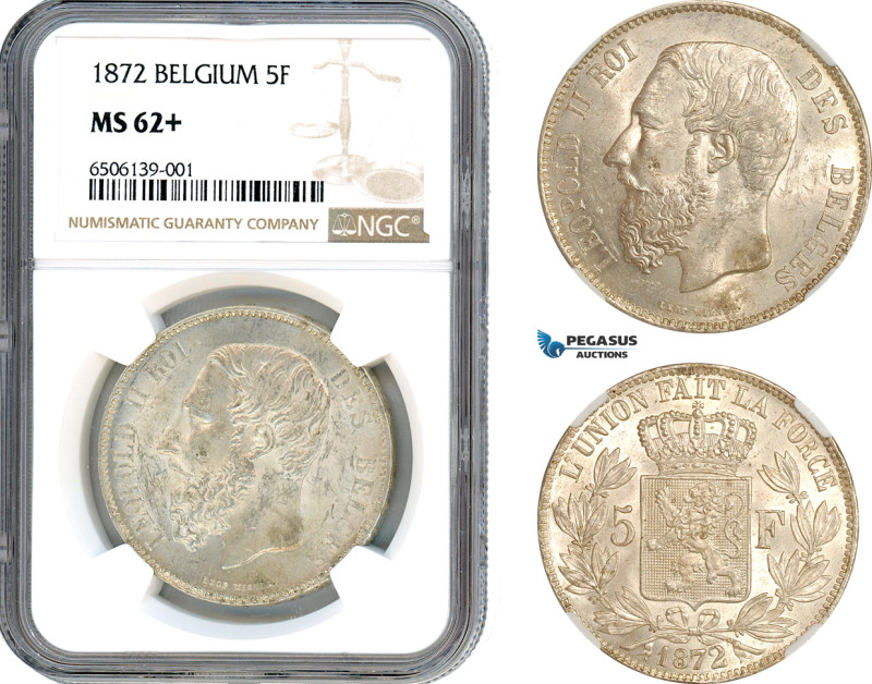 Belgium, Leopold II, 5 Francs 1872, Brussels Mint, Silver, KM# 24, Light champag...
