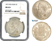 Belgium, Leopold II, 5 Francs 1872, Brussels Mint, Silver, KM# 24, Light champagne toning! NGC MS62+