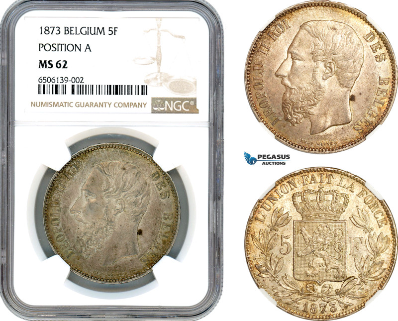Belgium, Leopold II, 5 Francs 1873, Brussels Mint, Silver, Position A, KM# 24, L...