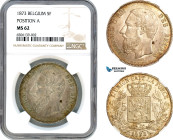 Belgium, Leopold II, 5 Francs 1873, Brussels Mint, Silver, Position A, KM# 24, Light champagne toning! NGC MS62