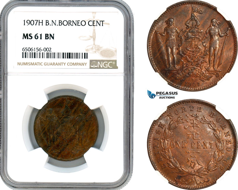 British North Borneo, 1 Cent 1907 H, Heaton, Birmingham Mint, KM# 2, Key date! N...