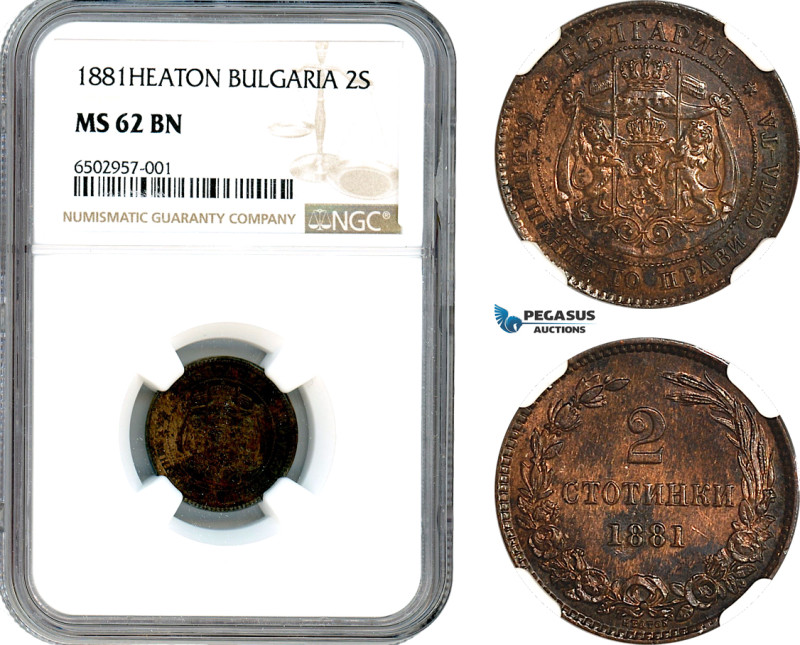 Bulgaria, Aleksander I, 2 Stotinki 1881 Heaton, Birmingham Mint, KM# 1, NGC MS62...
