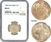Bulgaria, Aleksander I, 1 Lev 1882, St. Petersburg, Silver, KM# 7, Blast white! NGC MS63
