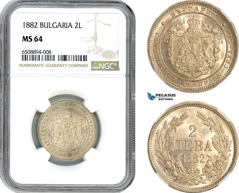 Bulgaria, Aleksander I, 2 Leva 1882, St. Petersburg, Silver, KM# 8, Blast white!...