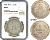 Bulgaria, Aleksander I, 5 Leva 1884, St. Petersburg, Silver, KM# 9, NGC XF40
