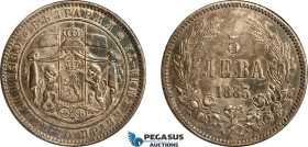 Bulgaria, Aleksander I, 5 Leva 1885, St. Petersburg, Silver, KM# 9, Light scratch, old toning! EF