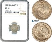 Bulgaria, Ferdinand I, 5 Stotinki 1888, Brussels Mint, KM# 9, Frosted, NGC MS63