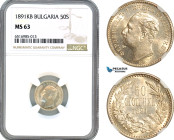Bulgaria, Ferdinand I, 50 Stotinki 1891 KB, Kremnica Mint, Silver, KM# 12, Blast white! NGC MS63