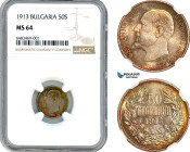 Bulgaria, Ferdinand I, 50 Stotinki 1913, Kremnica Mint, Silver, KM# 30, Rainbow toning! NGC MS64