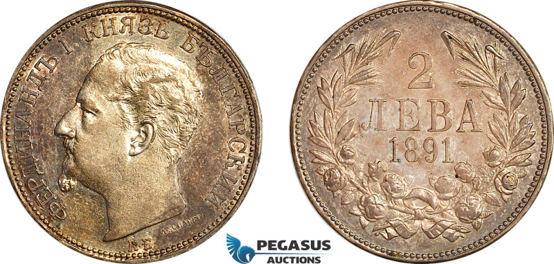 Bulgaria, Ferdinand I, 2 Leva 1891 KB, Kremnica Mint, Silver, KM# 14, Old toning...