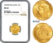 Bulgaria, Ferdinand I, "Big cheek" 10 Leva 1894 KB, Kremnica Mint, Gold, KM# 19, Nikolov 20.1, Very frosted! Top grade for this rare variety! NGC MS62...