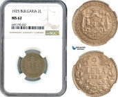 Bulgaria, Boris III, 2 Leva 1925, Brussels Mint, KM# 38, NGC MS62