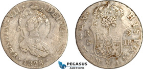 Costa Rica, 2 reales, Female head / Ceiba tree counterstamp (Type III, 1845) on Spain 2 Reales 1828 Rs JB, Seville Mint, Silver (5.67 g) KM# 42, Host ...