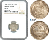 Costa Rica, 10 Centavos 1890, Heaton, Birmingham Mint, Silver, KM# 129, Blast white, NGC MS65