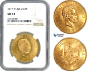 Cuba, 20 Pesos 1915, Philadelphia Mint, Gold, KM# 21, Very frosted, NGC MS63