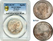 Denmark, Frederik VII, 1 Rigsdaler 1855 FK/FF, Altona Mint, Silver, KM# 760.2, Spotted toning, PCGS MS64