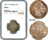 Denmark - Danish West Indies, Frederik VII, 20 Cents 1862, Copenhagen Mint, Silver, KM# 67, Old cabinet toning with full Mint luster! NGC MS64