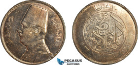 Egypt, Fuad, 20 Piastres AH1352//1933, London Mint, Silver, KM# 352, Dark toning with much luster! EF
