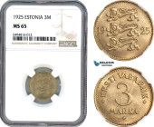 Estonia, 3 Marka 1925, KM# 2a, NGC MS65, Top Pop!