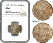 Finland, Alexander II. of Russia, 1 Markka 1865 S, Helsinki Mint, Silver, Holmasto 481.3, Spotted toning! NGC MS62