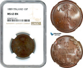 Finland, Alexander III. of Russia, 10 Penniä 1889, Helsinki Mint, Holmasto 488.9, Fully lustrous! Key date and rare in this quality! NGC MS63BN