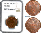 Finland, Nicholas II. of Russia, 10 Penniä 1897, Helsinki Mint, Holmasto 496.2, Much red luster, NGC MS64BN