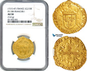 France, Francois I, Ecu d'or ND (1515-47) Lyon Mint, Gold (3.41g) Fr. 338, Borderline to Mint state, NGC AU58