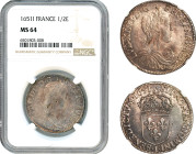 France, Louis XIV, 1/2 Ecu 1651 I, Limoges Mint, Silver, Gad. 169, Light violet toning with full Mint luster! NGC MS64