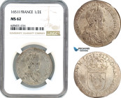 France, Louis XIV, 1/2 Ecu 1651 I, Limoges Mint, Silver, Gad. 169, weak strike with full Mint luster! NGC MS62