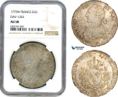 France, Louis XVI, Ecu 1775 W, Lille Mint, Silver, Gad. 356, Dav-1333, Light champagne toning! NGC AU58