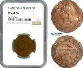 France, First Republic, 5 Centimes L'An 7/5 A/B, Paris or Rouen Mint, F.115/37, Fantastic quality! NGC MS64BN, Top Pop! Single finest graded!