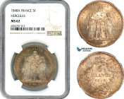 France, Second Republic, 5 Francs 1848 A, Paris Mint, Silver, F.326/1, Hercules type, Light champagne toning! NGC MS62