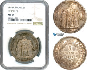 France, Second Republic, 5 Francs 1848 A, Paris Mint, Silver, F.326/1, Hercules type, Old grey toning in fields! NGC MS64
