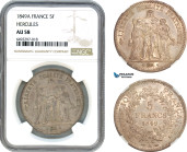 France, Second Republic, 5 Francs 1848 A, Paris Mint, Silver, F.326/5, Hercules type, Light grey toning! NGC AU58