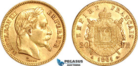 France, Napoleon III, 20 Francs 1861 A, Paris Mint, Gold (6.45g, 0.1867 oz AGW) EF-UNC