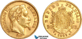 France, Napoleon III, 20 Francs 1863 A, Paris Mint, Gold (6.45g, 0.1867 oz AGW) EF+