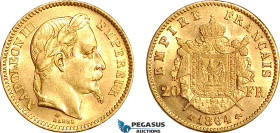 France, Napoleon III, 20 Francs 1864 A, Paris Mint, Gold (6.45g, 0.1867 oz AGW) UNC